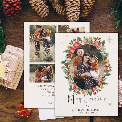 Red Florals Multi Family Photos Merry Christmas Holiday Postcard