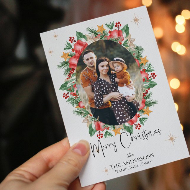 Red Florals Multi Family Photos Merry Christmas Postcard (Red Florals Multi Family Photos Merry Christmas Postcard)