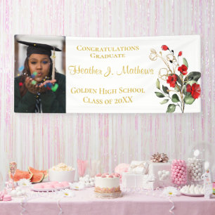 Red Florals Photo White and Gold Graduation Banner