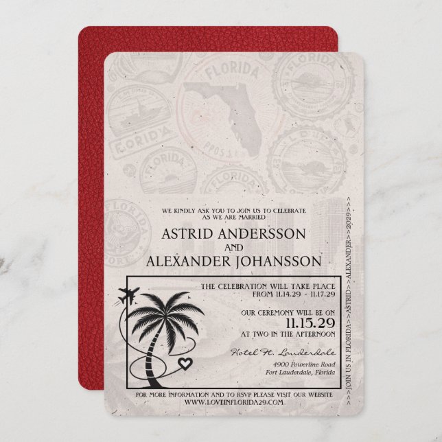 Red Florida Passport Wedding Invitation (Front/Back)