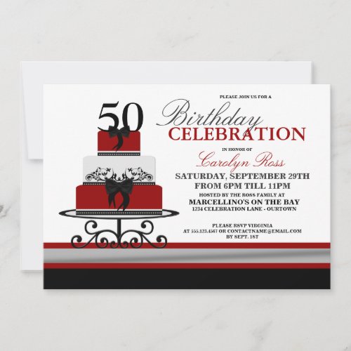 Red Flourish Cake Custom Birthday Invitations