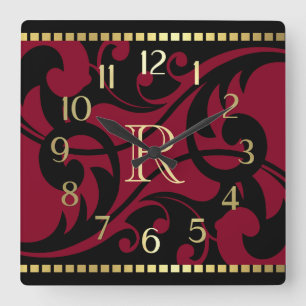 Red Flourish Design Gold Border with Monogram Square Wall Clock