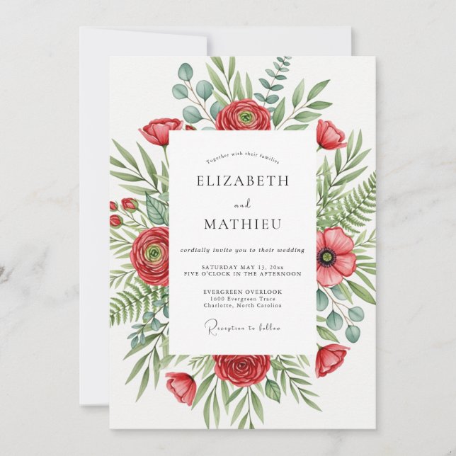 Red Flourishing Botanical Wedding Invitation (Front)