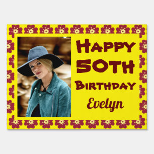 Red Flower 50th Birthday Photo Sign