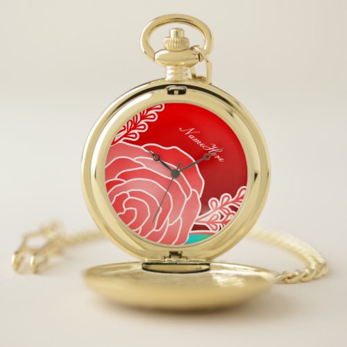 Red Flower Abstract Style personal name Pocket Watch