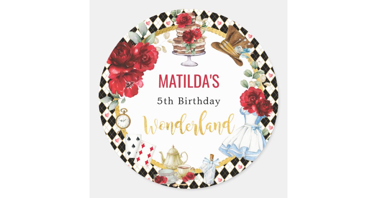 Red Flower Alice in Wonderland Birthday Tea Party Classic Round Sticker ...