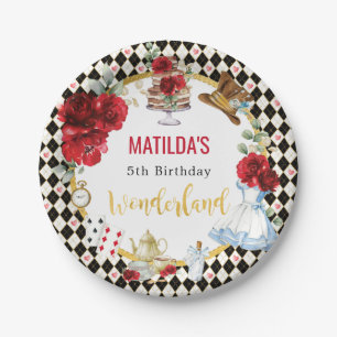 Red Flower Alice in Wonderland Birthday Tea Party Paper Plates