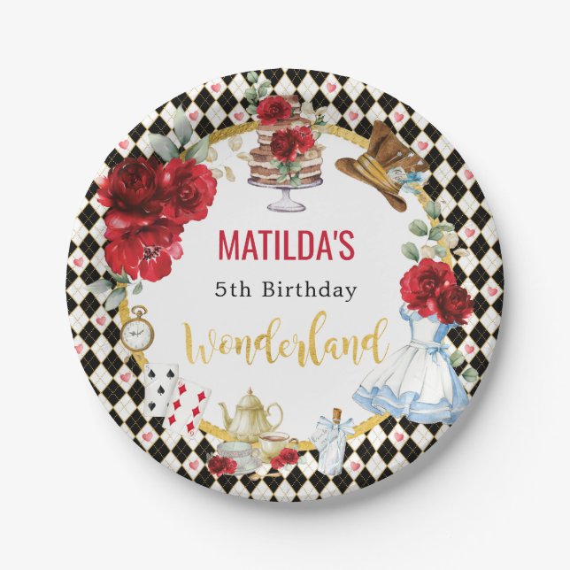 Red Flower Alice in Wonderland Birthday Tea Party Paper Plates (Front)