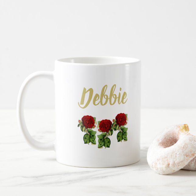 Red flower and green leaves custom name coffee mug (With Donut)