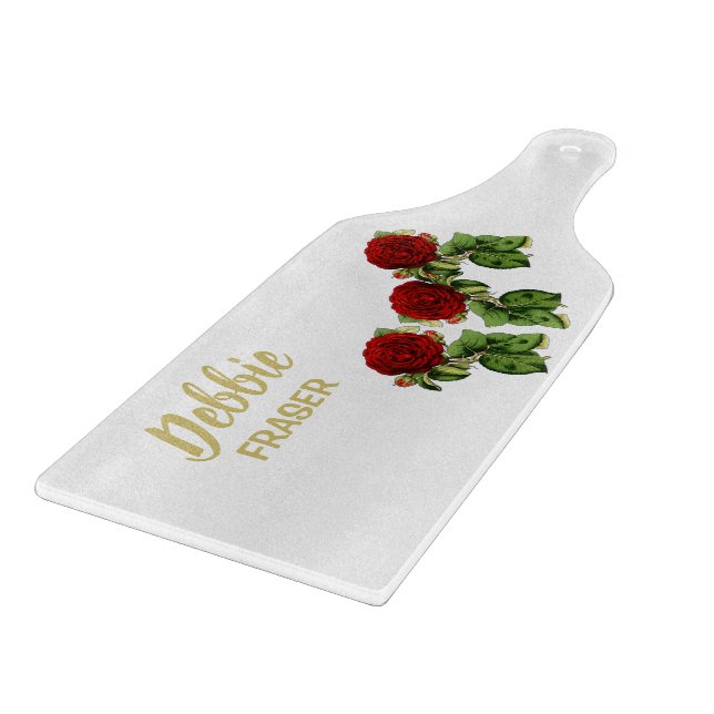 Red flower and green leaves custom name cutting board (Corner)