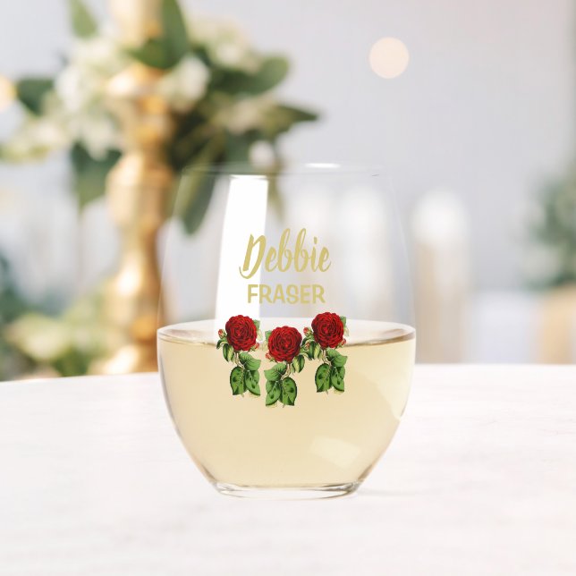 Red flower and green leaves custom name stemless wine glass (Insitu (Wedding))