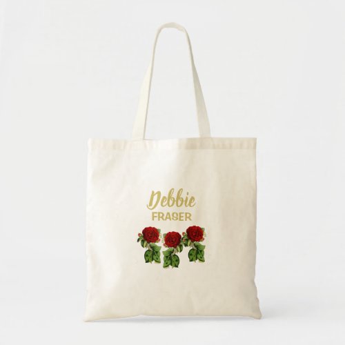 Red flower and green leaves custom name tote bag