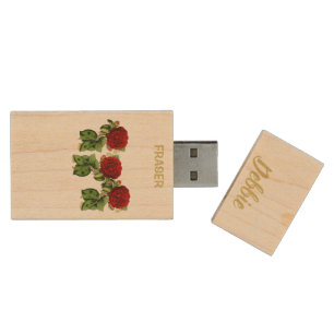 Red flower and green leaves custom name wood flash drive