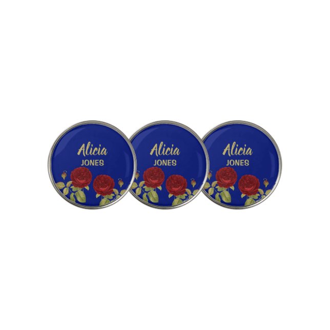 Red flower and leaves blue golf ball marker (3 Up)