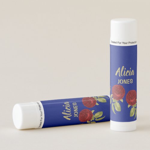 Red flower and leaves blue lip balm