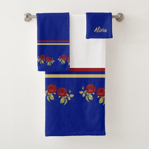 Red flower and leaves blue monogram bath towel set