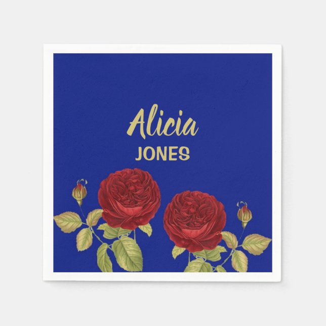 Red flower and leaves blue napkins (Front)