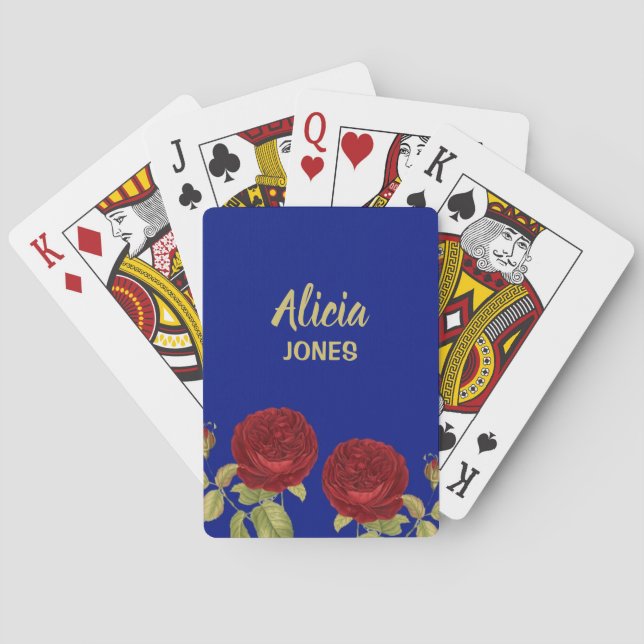 Red flower and leaves blue poker cards (Back)