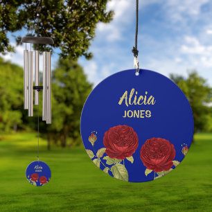 Red flower and leaves blue wind chime