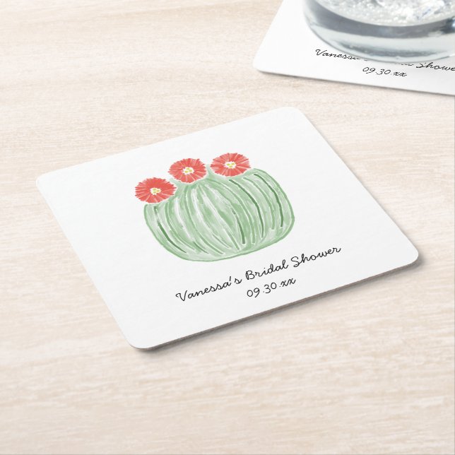 Red Flower Barrel Cactus Bridal Shower Square Paper Coaster (Angled)