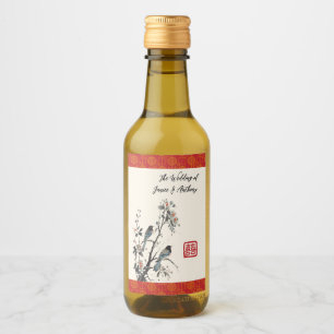 Red flower birds modern Chinese wedding Wine Label