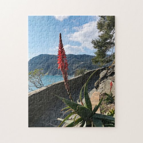 Red Flower Blue Sea Rocky Cliffs Puzzle