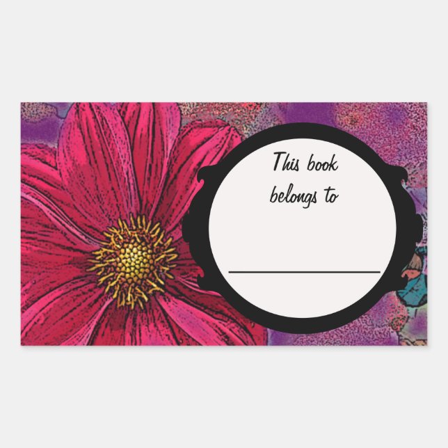 Red Flower Book Plate. Rectangular Sticker (Front)