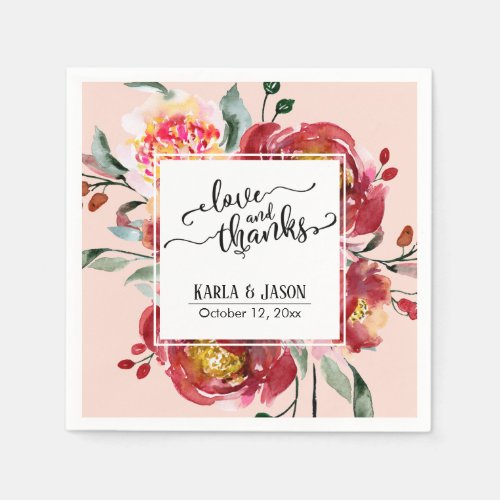 Red Flower Bouquet Love and Thanks on Blush Napkins