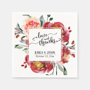Red Flower Bouquet, Love and Thanks Typography Napkins