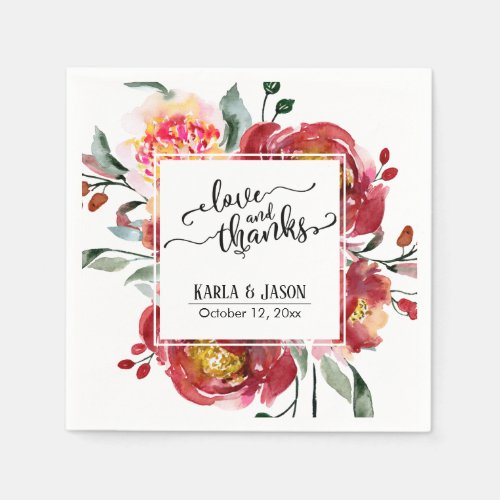 Red Flower Bouquet Love and Thanks Typography Napkins