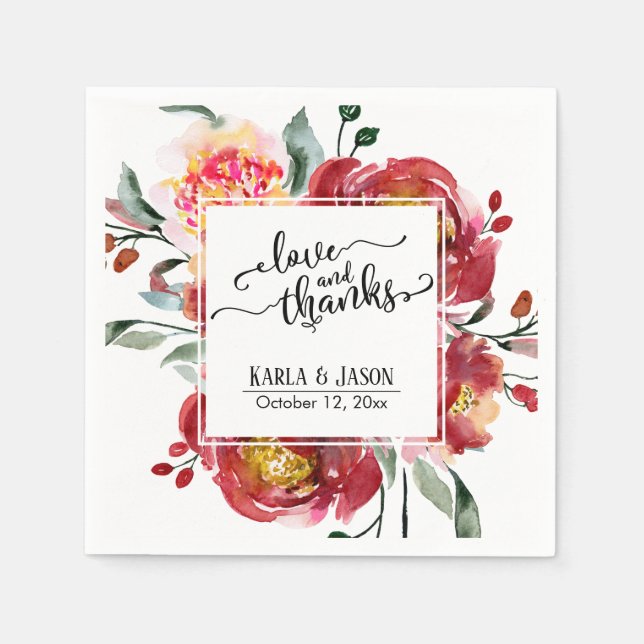 Red Flower Bouquet, Love and Thanks Typography Napkins (Front)