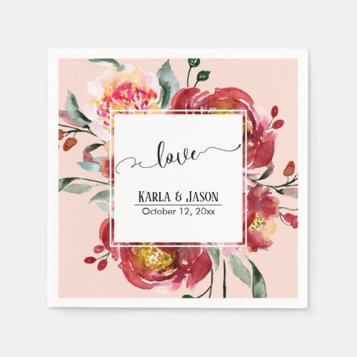 Red Flower Bouquet Love Typography over Blush Napkins