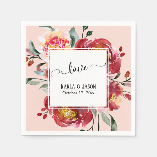Red Flower Bouquet Love Typography over Blush Napkins (Front)