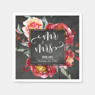Red Flower Bouquet Mr & Mrs Typography Chalkboard Napkins