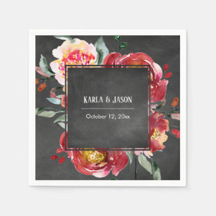 Red Flower Bouquet White Names, Date on Chalkboard Napkins