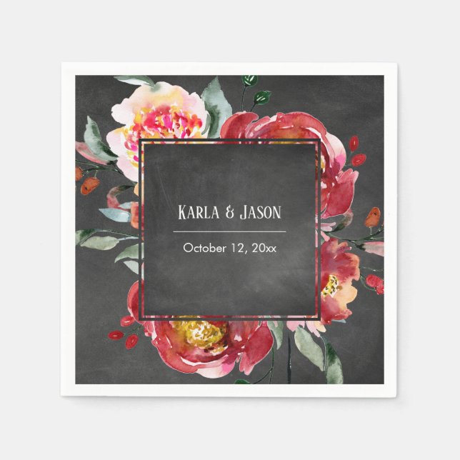 Red Flower Bouquet White Names, Date on Chalkboard Napkins (Front)