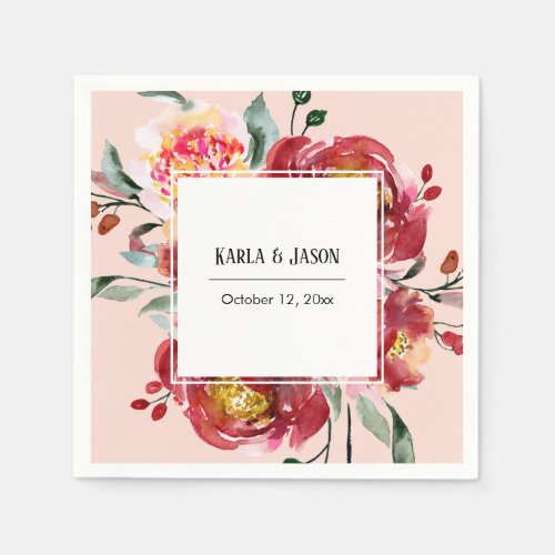 Red Flower Bouquet with Names  Date on Blush Pink Napkins