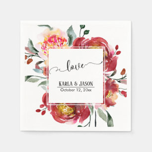 Red Flower Bouquet with Swirling Love Typography Napkins