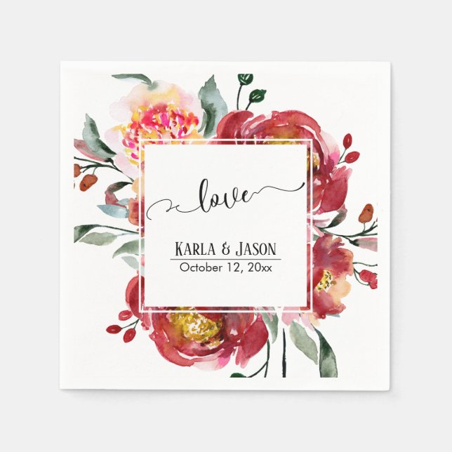 Red Flower Bouquet with Swirling Love Typography Napkins (Front)