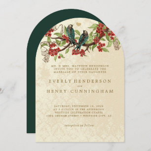 Red Flower Branch Vintage Birds Wedding  Invitation
