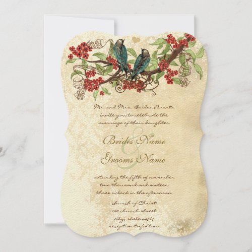 Red Flower Branch Vintage Birds Wedding Invite