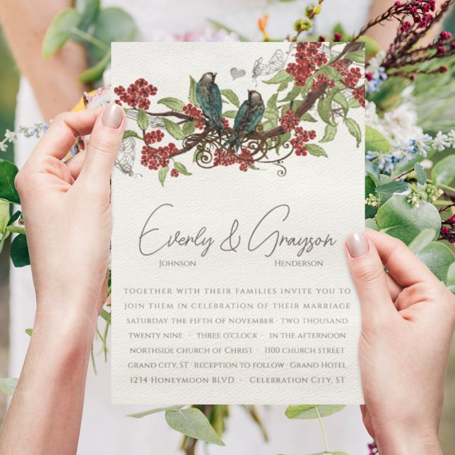 Red Flower Branch Vintage Birds Wedding Invite (Creator Uploaded)
