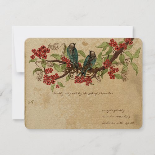 Red Flower Branch Vintage Birds Wedding RSVP