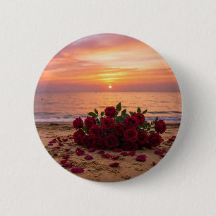 Red flower brooch overlooking a beach button