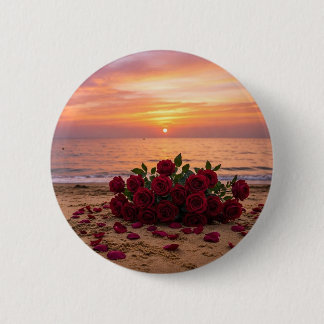Red flower brooch overlooking a beach button