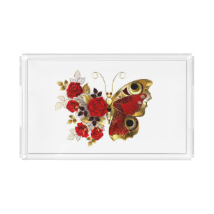 Red flower butterfly with red roses acrylic tray