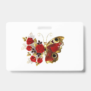 Red flower butterfly with red roses badge