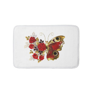 Red flower butterfly with red roses bath mat