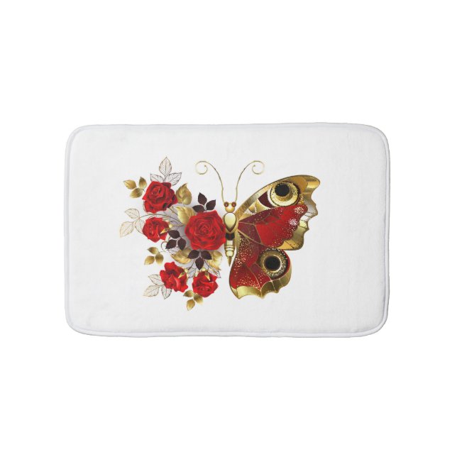 Red flower butterfly with red roses bath mat (Front)