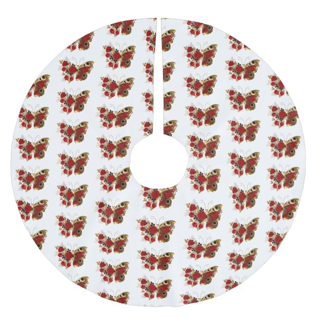 Red flower butterfly with red roses brushed polyester tree skirt (Front)